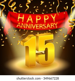 Happy 15th Anniversary celebration with golden confetti and spotlight