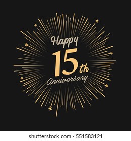 Happy 15th Anniversary. with fireworks and star on dark background.Greeting card, banner, poster