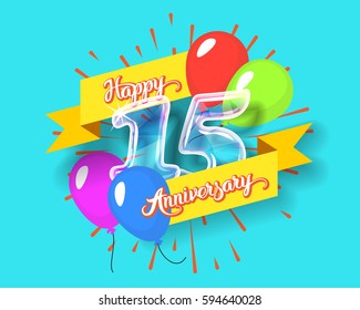 Happy 15th anniversary. Glass bulb number with ribbon and party decoration on the colorful background