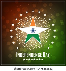 Happy 15th of August, India Independence day. Decorated patriotic template for greeting card, flyer, party poster, banner. Indian themed star and sparkler on top of colorful background.