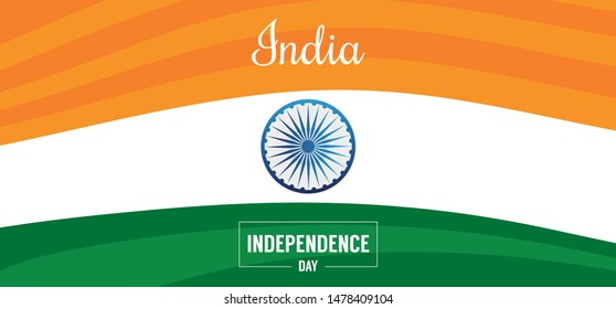 Happy 15th of August, India Independence day. Colorful patriotic template for greeting card, flyer, poster, banner. Indian themed wheel, striped background, national colors.