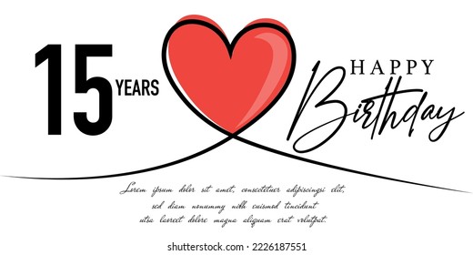 Happy 15th birthday card vector template with lovely heart shape.
