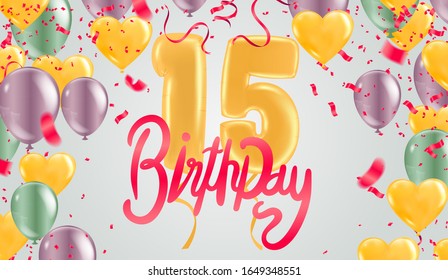 Happy 15th birthday colorful party balloons background