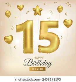 Happy 15th birthday gold foil balloon greeting background. 15 years anniversary illustration