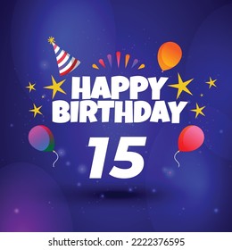 Happy 15th birthday hand drawn vector lettering design on background of pattern with stripes. Perfect for greeting card.