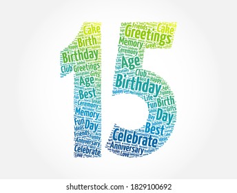 Happy 15th birthday word cloud, holiday concept background