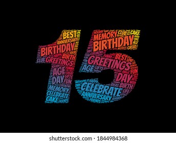 Happy 15th birthday word cloud, holiday concept background