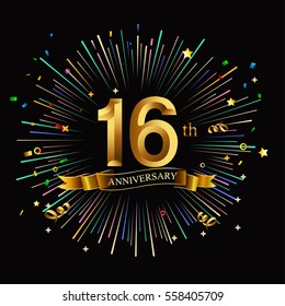 Happy 16th Anniversary. with fireworks and star on dark background.Greeting card, banner, poster