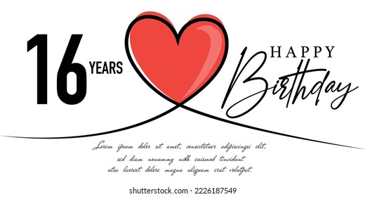 Happy 16th birthday card vector template with lovely heart shape.
