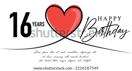 Happy 16th birthday card vector template with lovely heart shape.
