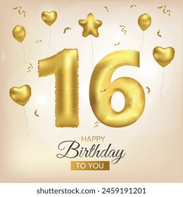 Happy 16th birthday gold foil balloon greeting background. 16 years anniversary illustration