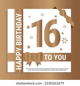 Happy 16th Birthday. Gold numerals and glittering gold ribbons. Festive background. Decoration for party event, greeting card and invitation, design template for birthday celebration. Eps10 Vector