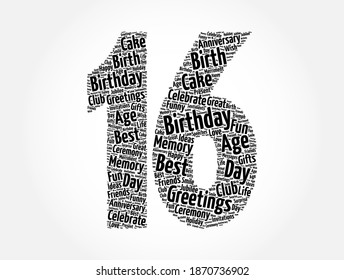 Happy 16th birthday word cloud, holiday concept background