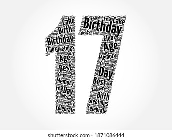 Happy 17th birthday word cloud, holiday concept background