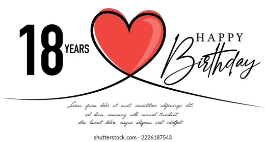 Happy 18th birthday card vector template with lovely heart shape.
