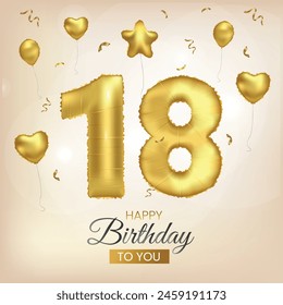 Happy 18th birthday gold foil balloon greeting background. 18 years anniversary illustration