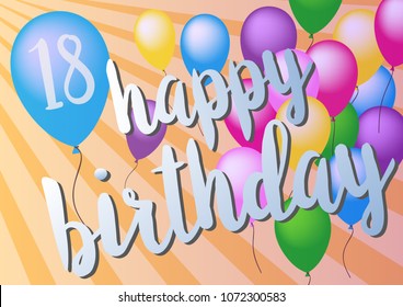 happy 18th birthday greeting card with colorful balloons on blue background