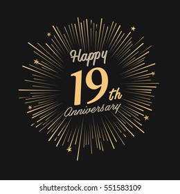 Happy 19th Anniversary. with fireworks and star on dark background.Greeting card, banner, poster