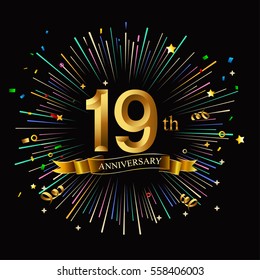 Happy 19th Anniversary. with fireworks and star on dark background.Greeting card, banner, poster