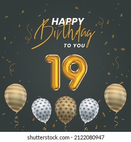 Happy 19th birthday, greeting card, vector illustration design.

