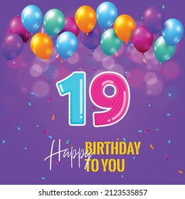 Happy 19th birthday, greeting card, vector illustration design.
