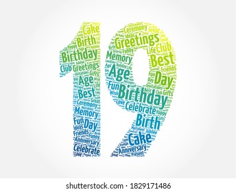 Happy 19th birthday word cloud, holiday concept background