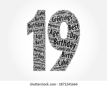 Happy 19th birthday word cloud, holiday concept background
