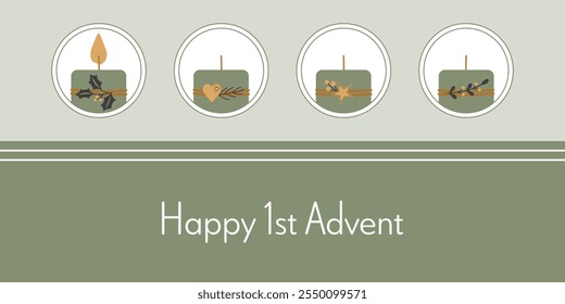 Happy 1st Advent. Greeting card with four decorated candles in green, gold and anthracite.
