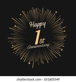 Happy 1st Anniversary. With Fireworks And Star On Dark Background.Greeting Card, Banner, Poster