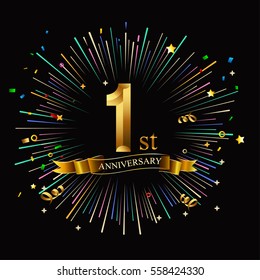 Happy 1st Anniversary. With Fireworks And Star On Dark Background.Greeting Card, Banner, Poster