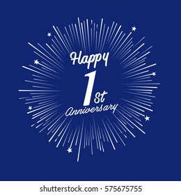 Happy 1st Anniversary. with fireworks and star on blue background.Greeting card, banner, poster