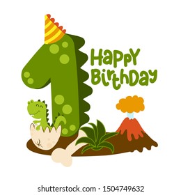 Happy 1st Birthday - Cute dinosaur alphabet doodle. Hand drawn vector cartoon set for kids. Good for textiles, clothes, bday gifts.