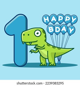 Happy 1st Birthday. Cute invitation card  with dinosaur and balloons.