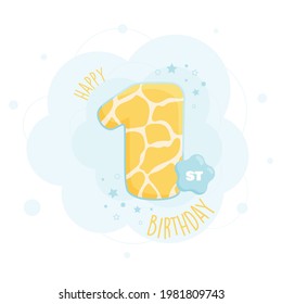 Happy 1st birthday greeting card with cute animal skin pattern design. 