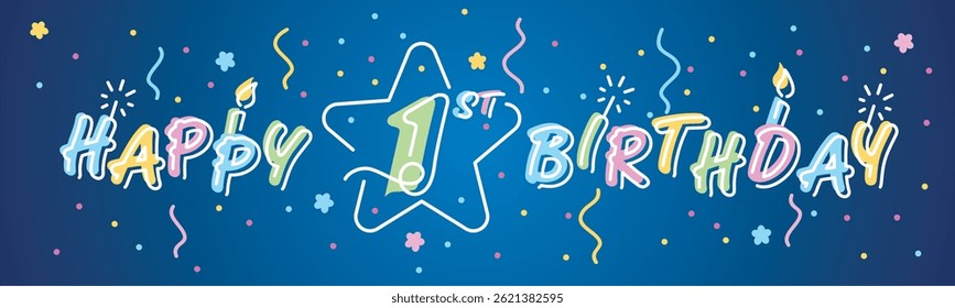 Happy 1st Birthday handwritten multi color bold typography lettering with white neon outline. Colorful greeting card vector illustration with confetti, ribbons, sparkle firework, candle on blue
