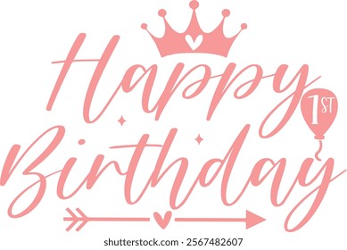 Happy 1st Birthday typography design on plain white transparent isolated background for card, shirt, hoodie, sweatshirt, apparel, tag, mug, icon, poster or badge