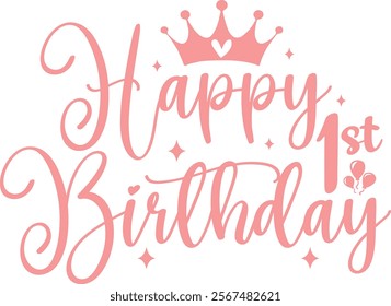 Happy 1st Birthday typography design on plain white transparent isolated background for card, shirt, hoodie, sweatshirt, apparel, tag, mug, icon, poster or badge