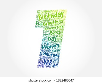 Happy 1st birthday word cloud, holiday concept background