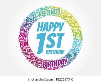 Happy 1st birthday word cloud, holiday concept background