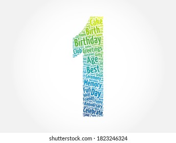 Happy 1st birthday word cloud, holiday concept background