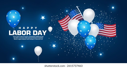 Happy 1st May Day banner design with a star, balloon, and fireworks. American Labor Day celebration background design vector with a star. International Workers Day design vector. Labor Day design. 