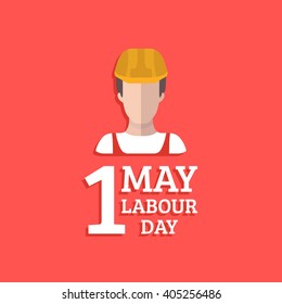 Happy 1st may lettering vector background. Labour Day logo concept with worker man. International Workers day illustration for greeting card, poster design.