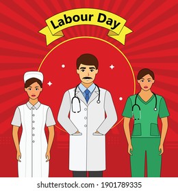 Happy 1'st may-labor Day. Thank you to all the health care workers over the world. Nurse with Male doctor to labor day.