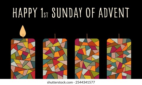 Happy 1st Sunday of Advent. Greeting card with four colorful candles on a black background.