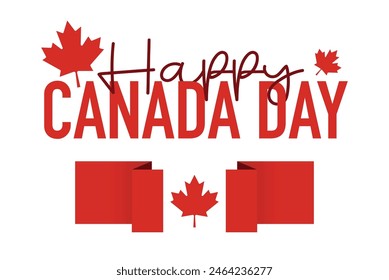 Feliz 1 de julio Día de Canadá tarjeta o fondo con hoja de arce. Tarjeta de felicitación de la bandera canadiense. Afiche o Anuncio festivo con letras a mano. Diseño plano.