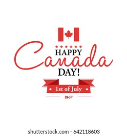 Happy 1th of July Canada Day card or background with Maple leaf. 
Canadian flag greeting card. 
Festive poster or banner with hand lettering.
Flat design.
Vector illustration