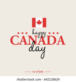 Happy 1th of July Canada Day card or background with Maple leaf. 
Canadian flag greeting card. 
Festive poster or banner with hand lettering.
Flat design.
Vector illustration