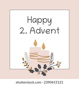 Feliz 2. Avance. Tarjeta de saludo cuadrada con velas y ramas de invierno.