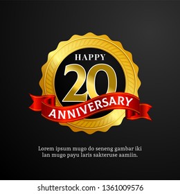 Happy 20 years anniversary medal logo badge vector design. shiny ring with ribbon for birthday event celebration background.