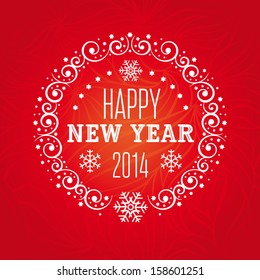 Happy 2014 New Year greeting card with decorative frame, snowflakes and seamless background pattern